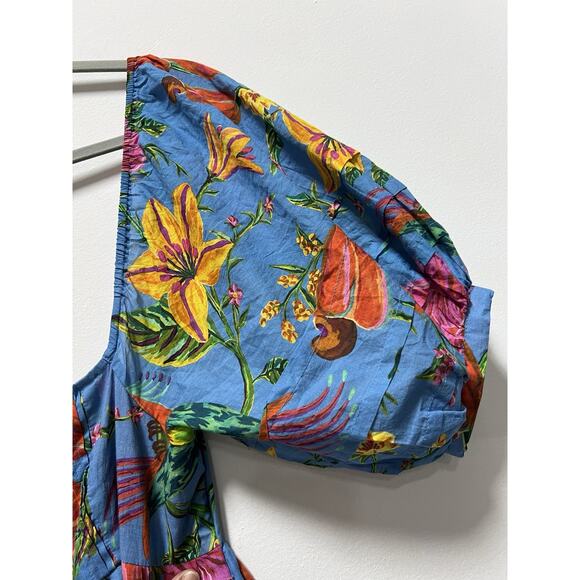 FARM RIO Toucans Garden Midi Dress In Blue Size XS Puff Sleeve Multicolor NEW - Picture 11 of 14